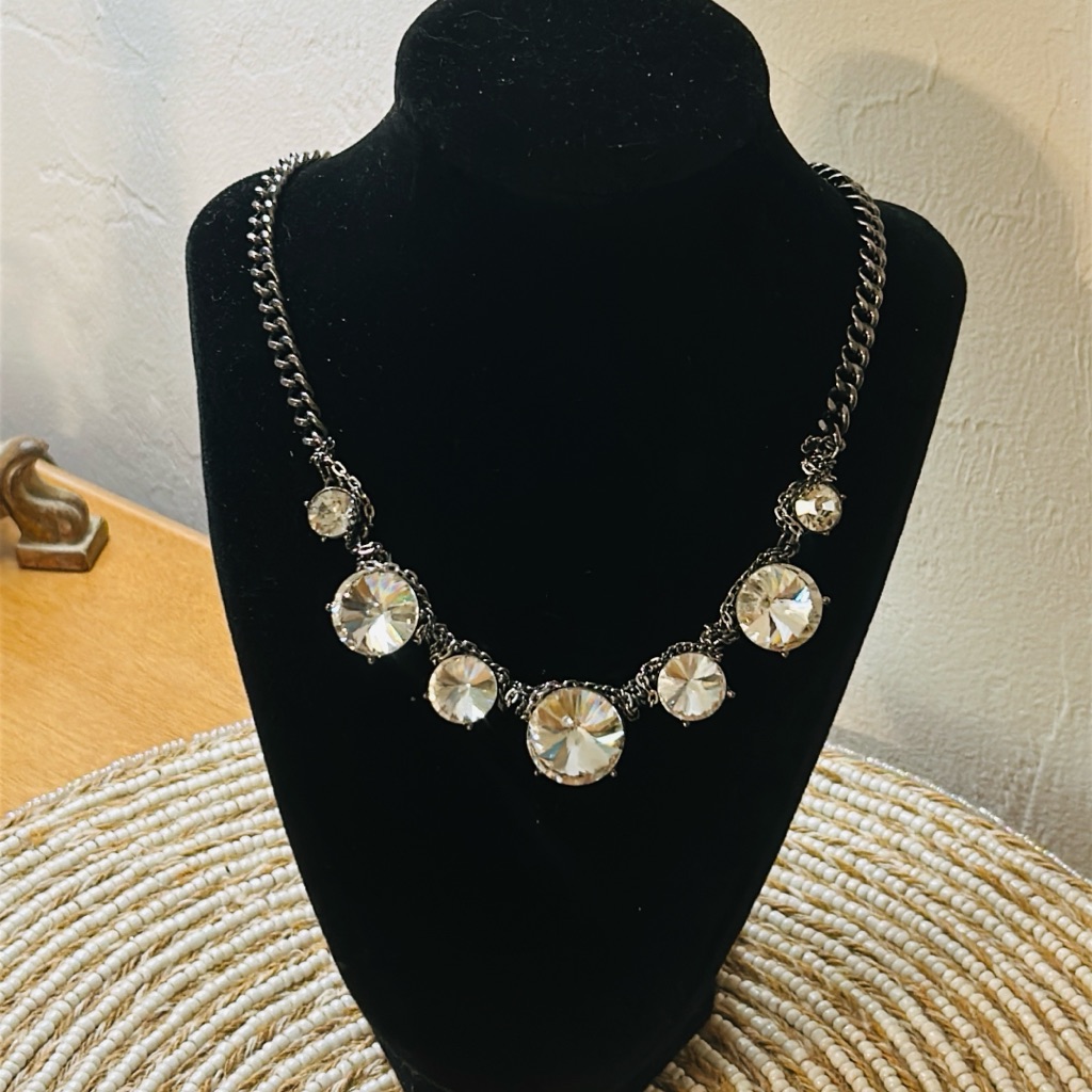 Vera Wang Clear Rivoli Crystals On Black Gun Metal Chain.